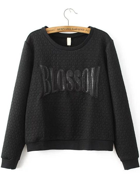 Shein Black Letter Embroidery Textured Sweatshirt