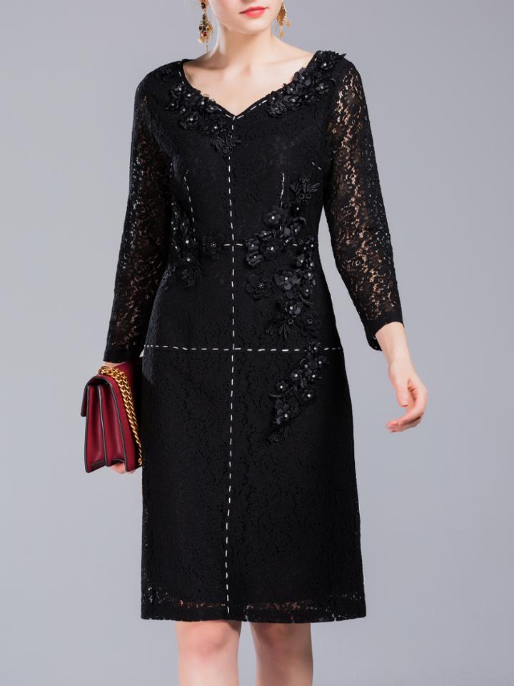 Shein Black V Neck Flowers Applique Lace Dress
