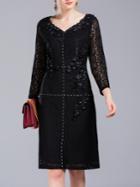 Shein Black V Neck Flowers Applique Lace Dress