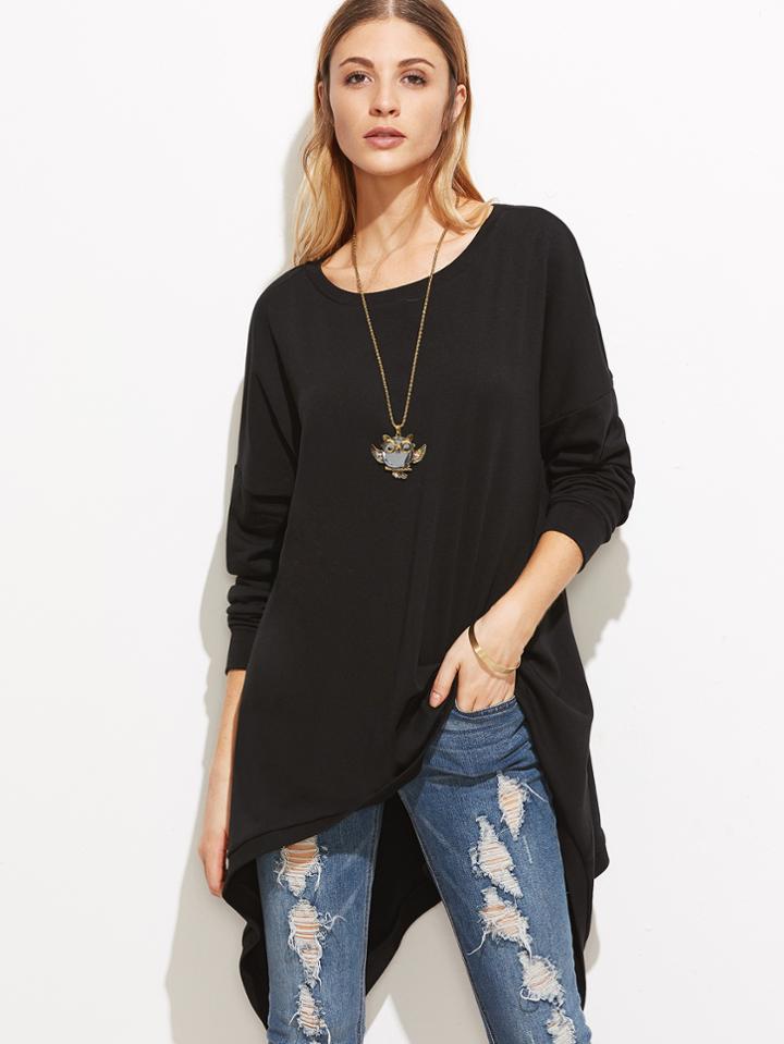 Shein Black Drop Shoulder Button Back Asymmetric Sweatshirt