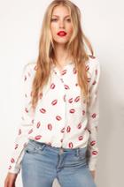 Shein White Lapel Long Sleeve Lips Print Blouse