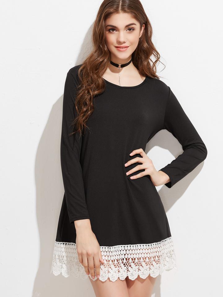 Shein Black Contrast Lace Hem Tee Dress