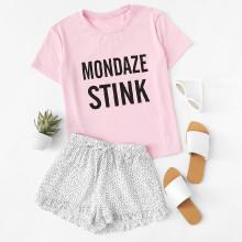Shein Letter Print Tee & Ruffle Hem Dot Shorts Pj Set