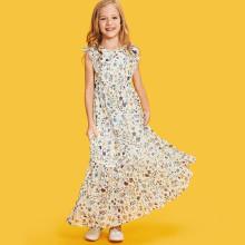 Shein Girls Ruffle Trim Botanical Dress
