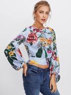 Shein Bishop Sleeve Tie Back Mixed Print Top