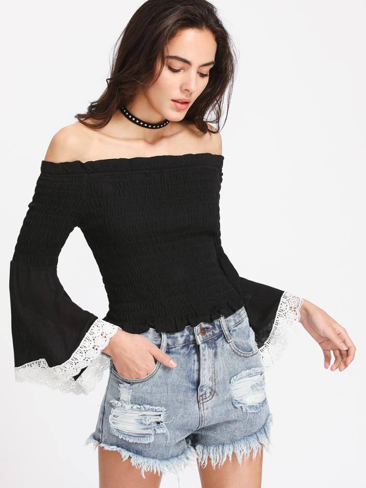 Shein Contrast Crochet Lace Bardot Bell Sleeve Shirred Top