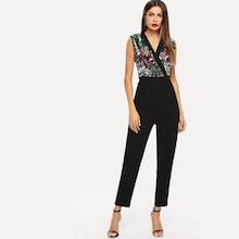 Shein Surplice Neck Sequin Beaded Shell Jumpsuit