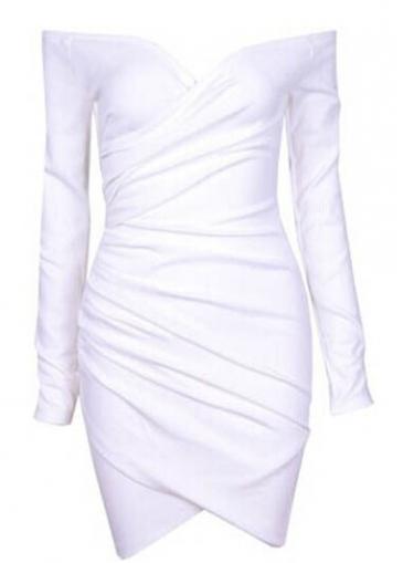 Rosewe Ruched White Off The Shoulder Long Sleeve Dress