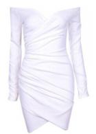 Rosewe Ruched White Off The Shoulder Long Sleeve Dress