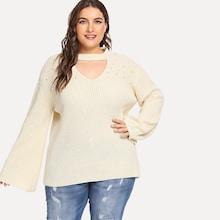 Shein Plus Pearl Beaded Trumpet Sleeve Jumper