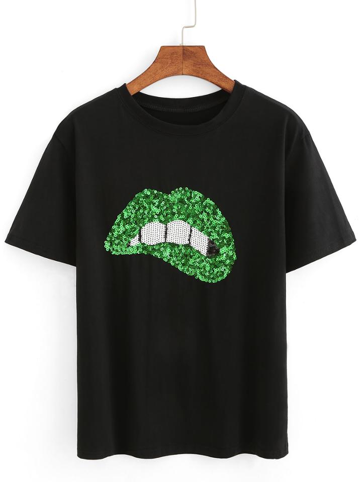 Shein Sequin Lip T-shirt - Black