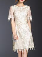 Shein Beige Leaves Gauze Embroidered Dress