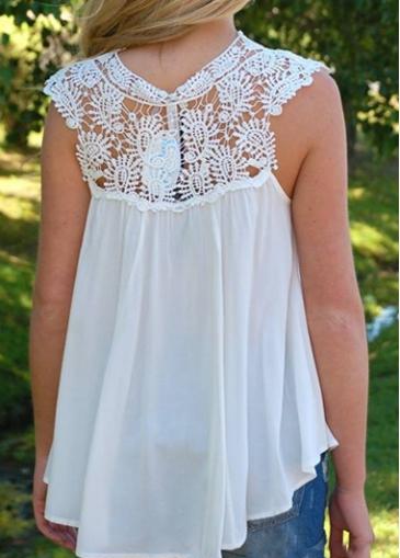 Rosewe Asymmetric Chiffon Solid White Lace Patchwork Blouse