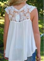 Rosewe Asymmetric Chiffon Solid White Lace Patchwork Blouse