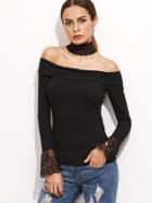 Shein Black Choker Neck Embroidered Mesh Cuff T-shirt