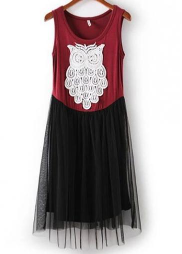 Rosewe Glamorous Owl Print Round Neck Mesh Splicing Woman Dress