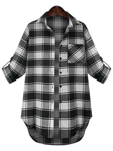 Shein Black White Lapel Plaid Pocket Plus Blouse