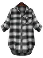Shein Black White Lapel Plaid Pocket Plus Blouse