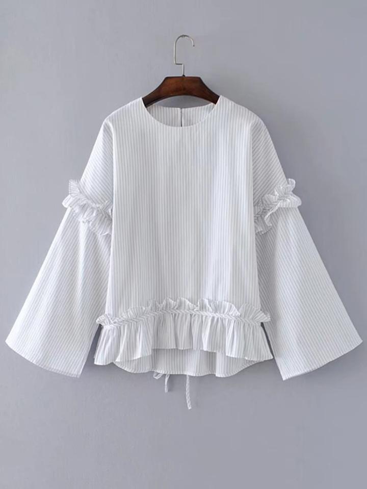 Shein Frill Detail Tied High Low Striped Blouse