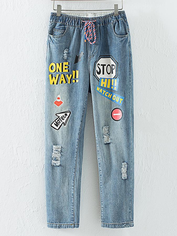 Shein Blue Drawstring Waist Printed Ripped Jeans