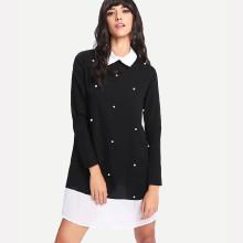 Shein Contrast Collar And Hem Pearl Detail Dress