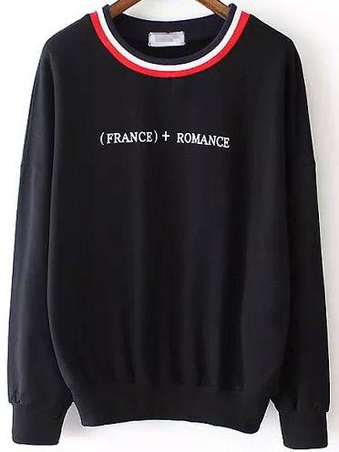 Shein Black Contrast Collar Letters Print Sweatshirt