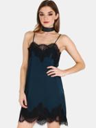 Shein Satin Lace Contrast Cami Dress Teal