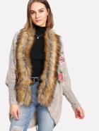 Shein Contrast Faux Fur Embroidered Applique Coat