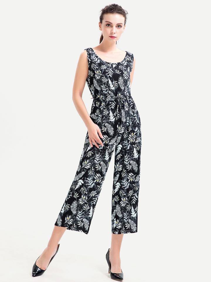 Shein Leaves Print Tie Detail Jumpsuit