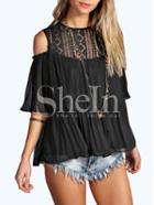 Shein Open Shoulder Lace Neck Pleated Blouse - Black