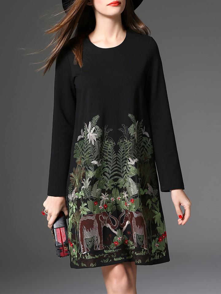 Shein Black Elephants Embroidered Shift Dress