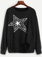 Shein Black Star Print Raglan Sleeve Ripped Sweatshirt