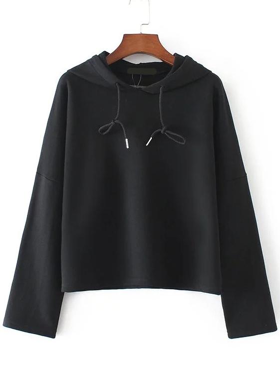 Shein Black Drop Shoulder Seam Drawstring Hooded Sweatshirt