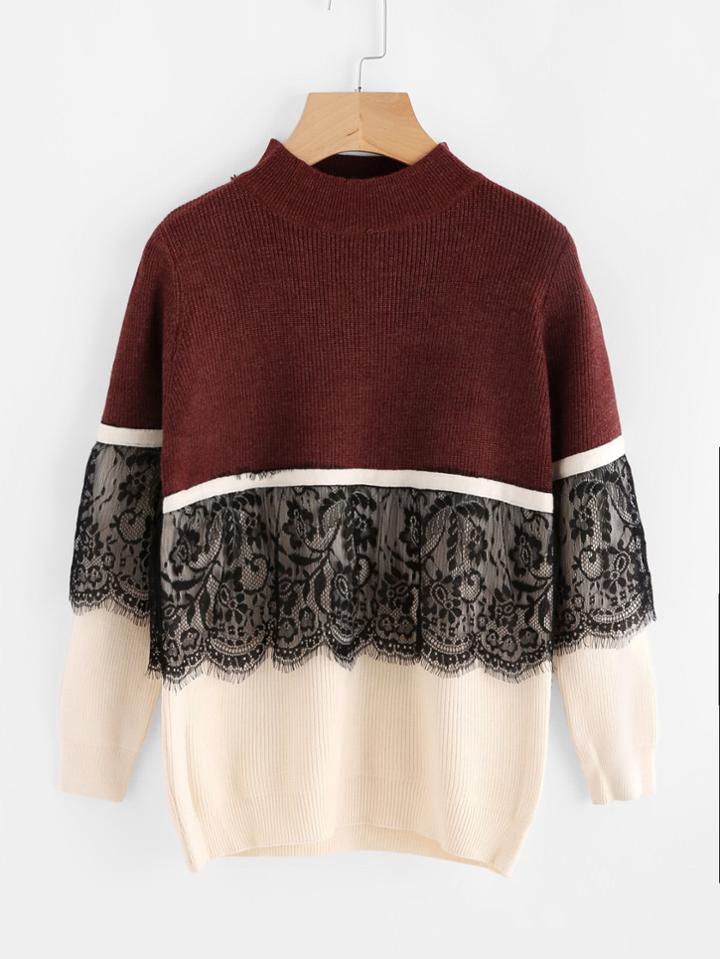 Shein Contrast Eyelash Lace Two Tone Ribbed Jumper