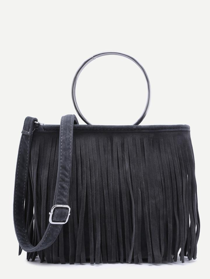 Shein Grey Faux Suede Metal Ring Fringe Crossbody Bag