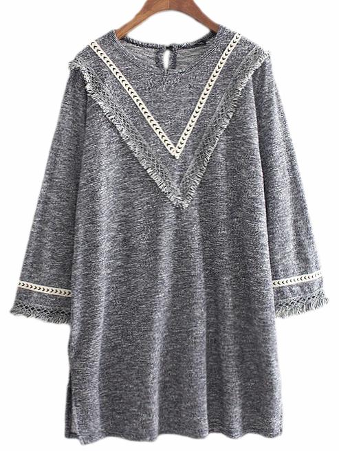 Shein Grey Long Sleeve Cuff Fringe Side Split Dress