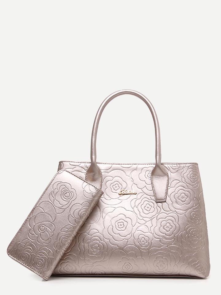 Shein Silver Floral Embossed Handbag With Clutch