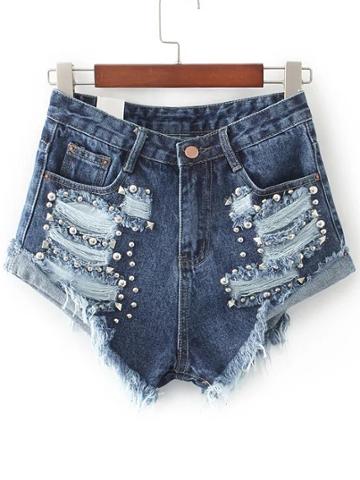 Shein Blue Ripped Rivet Detail Denim Shorts