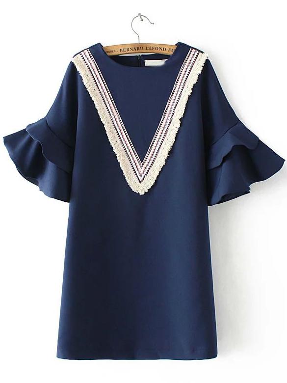 Shein Navy Bell Sleeve Tassel Straight Dress