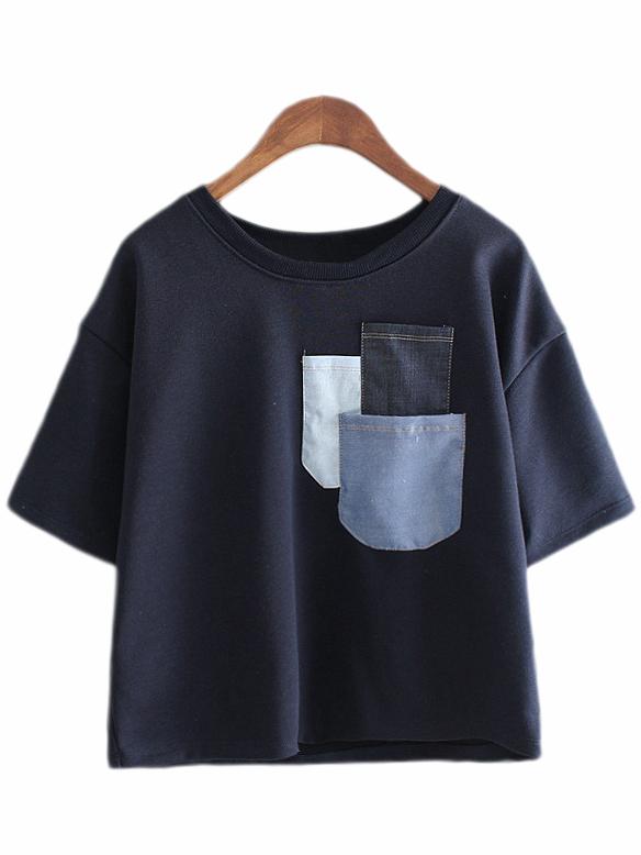 Shein Dark Blue Short Sleeve Pockets Casual T-shirt