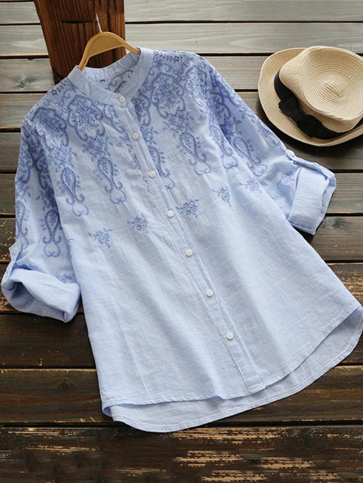Shein Rolled Sleeve Embroidered Dip Hem Shirt
