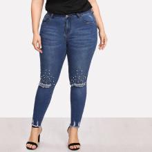 Shein Plus Pearl Detail Ripped Raw Hem Jeans