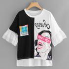 Shein Mesh Sleeve Figure Pattern High Low Tee