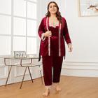 Shein Plus Contrast Lace Velvet Cami Pj Set With Robe