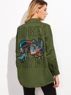 Shein Letter Print Appliques Rivet Trim Dip Hem Coat