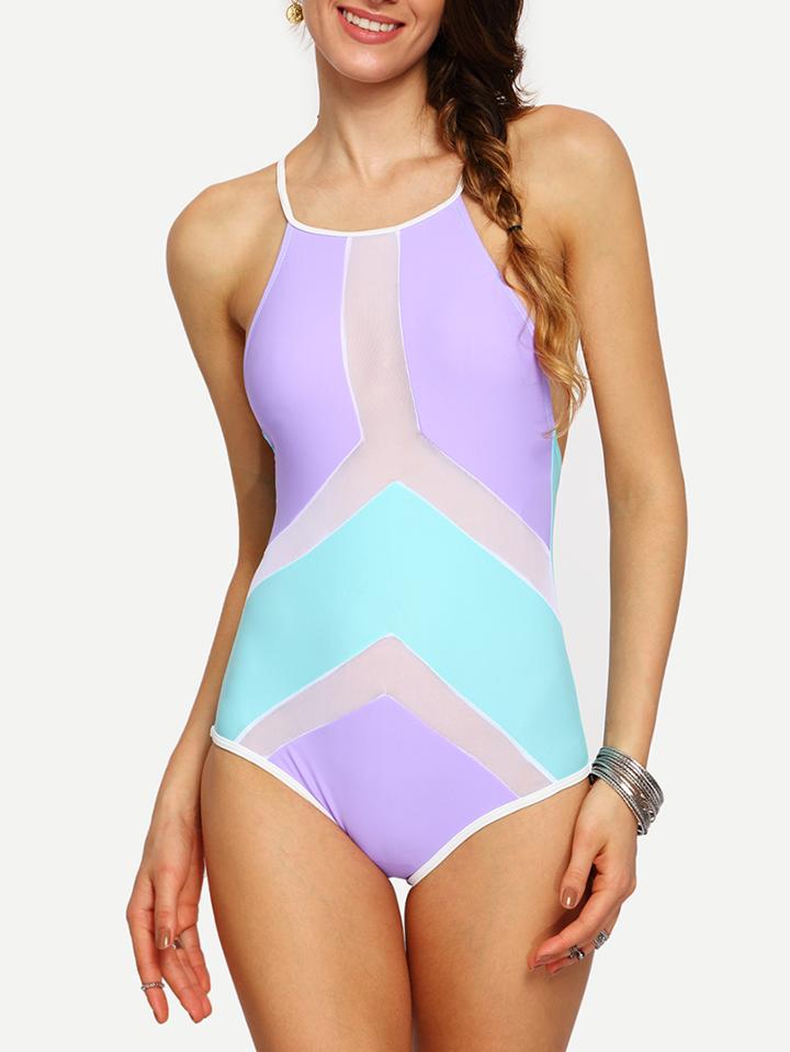 Shein Color Block Mesh Insert Crisscross One-piece Swimwear