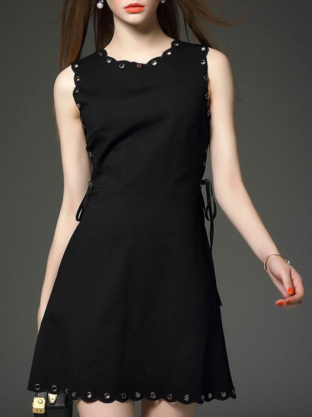 Shein Black Round Neck Sleeveless Tie Pockets Dress