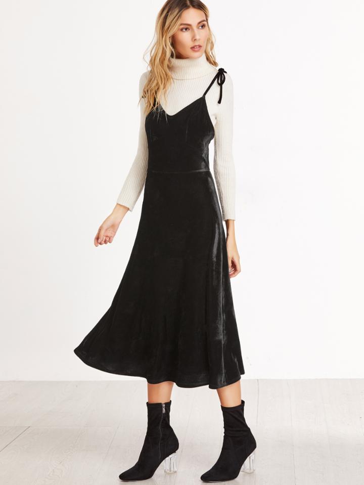 Shein Black Tie Shoulder A Line Velvet Cami Dress