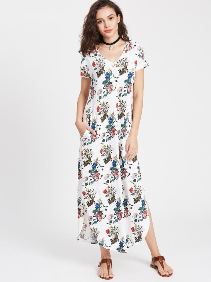 Shein Botanical Print Dolphin Hem Tee Dress