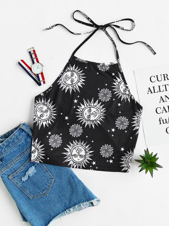 Shein Mandala Sun Print Self Tie Halter Top
